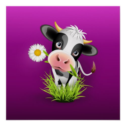 Cute Holstein cow in grass over purple Poster