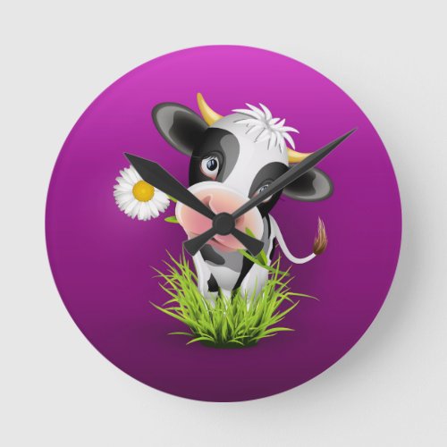 Cute Holstein cow in grass over purple Round Clock