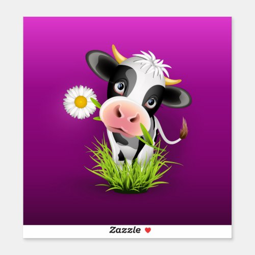 Cute Holstein cow in grass over purple Sticker