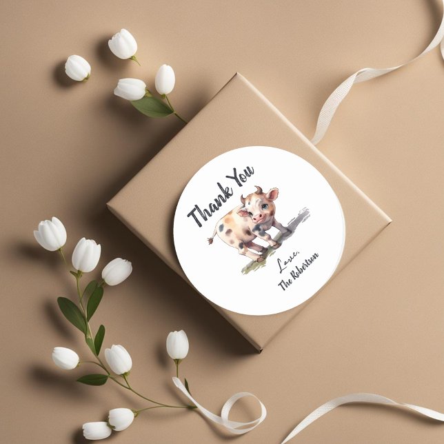 Cute Holy Cow Farm Animal Baby Shower Thank You Classic Round Sticker (Creator Uploaded)