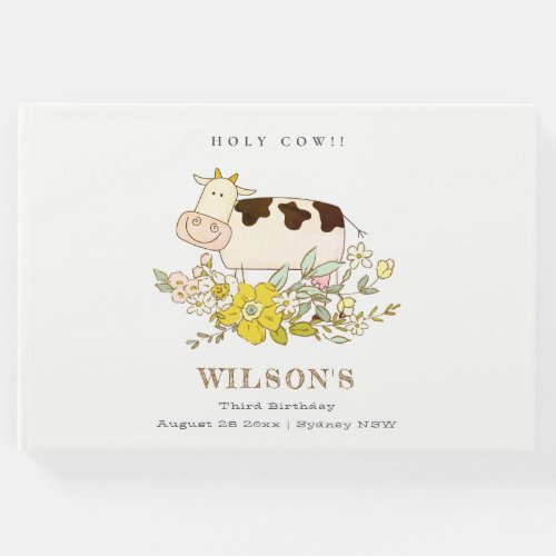 Cute Holy Cow Farm Floral Kids Any Age Birthday Guest Book