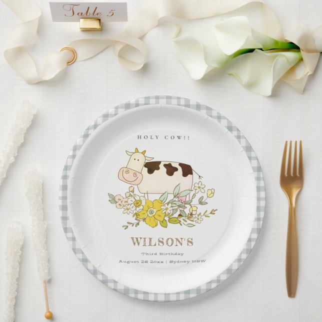 Cute Holy Cow Farm Floral Kids Any Age Birthday Paper Plates (Wedding)