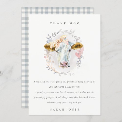 Cute Holy Cow Farm Floral Kids Any Age Birthday Thank You Card