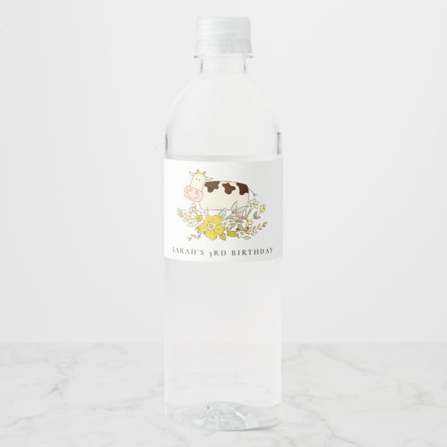 Cute Holy Cow Farm Floral Kids Any Age Birthday Water Bottle Label (Front)