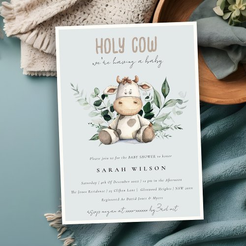 Cute Holy Cow Foliage Pastel Blue Baby Shower Invitation