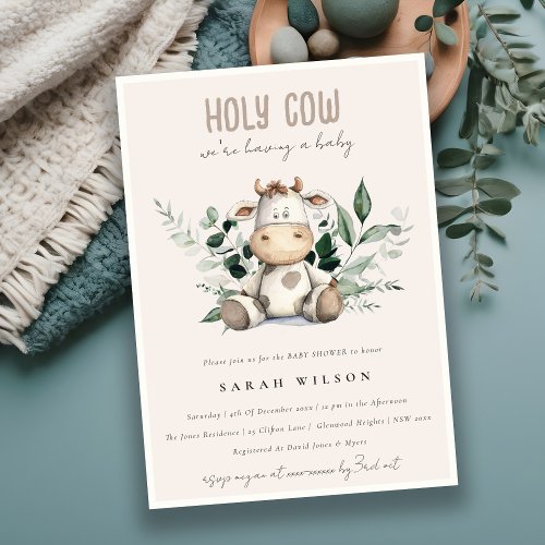 Cute Holy Cow Foliage Pastel Blush Baby Shower Invitation