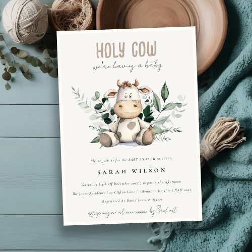 Cute Holy Cow Foliage Pastel Neutral Baby Shower Invitation