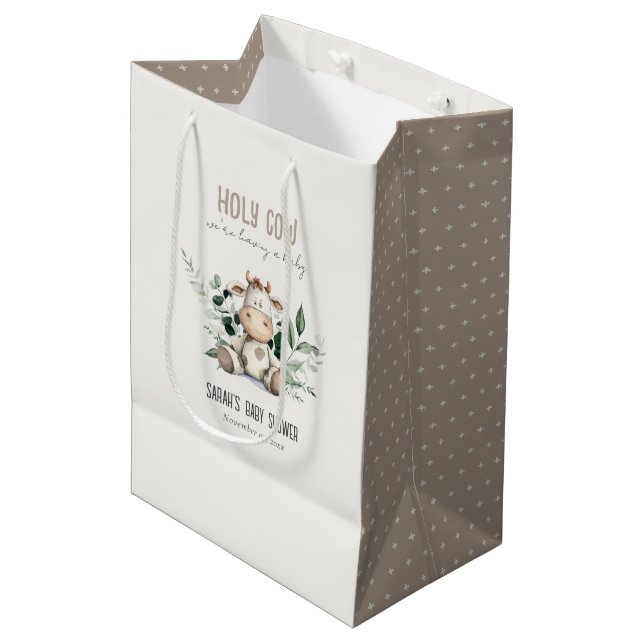 Cute Holy Cow Foliage Pastel Neutral Baby Shower Medium Gift Bag (Front Angled)