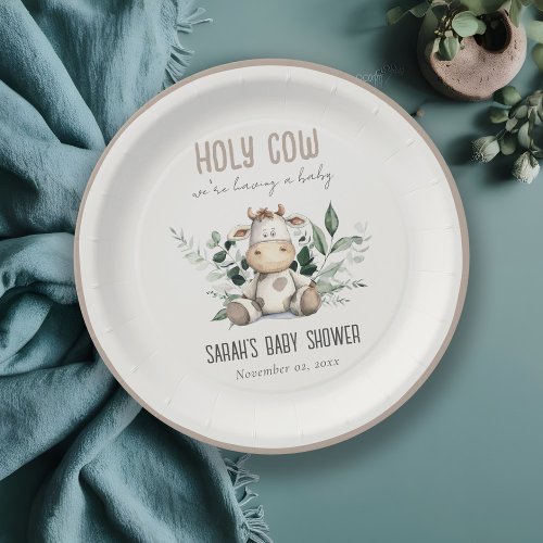 Cute Holy Cow Foliage Pastel Neutral Baby Shower Paper Plates