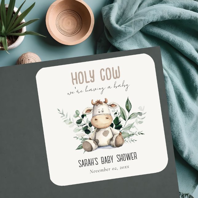 Cute Holy Cow Foliage Pastel Neutral Baby Shower Square Sticker (Creator Uploaded)