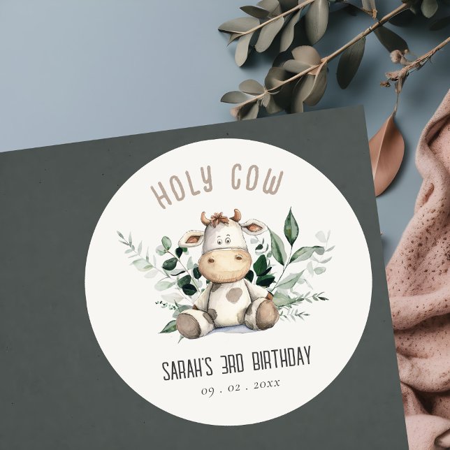 Cute Holy Cow Foliage Pastel Neutral Kids Birthday Classic Round Sticker (Creator Uploaded)