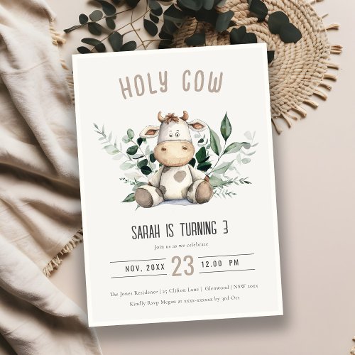 Cute Holy Cow Foliage Pastel Neutral Kids Birthday Invitation