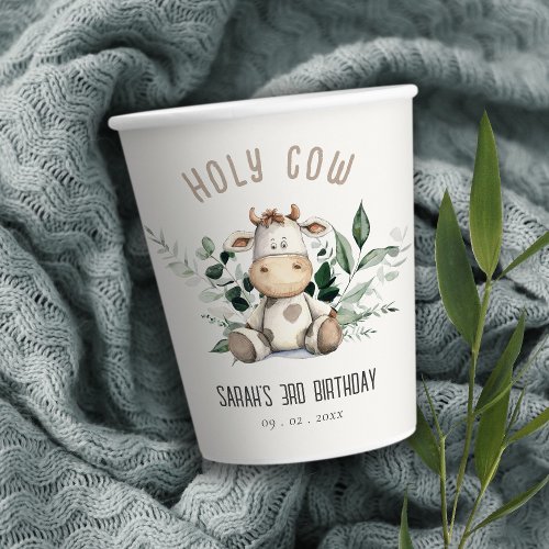 Cute Holy Cow Foliage Pastel Neutral Kids Birthday Paper Cups