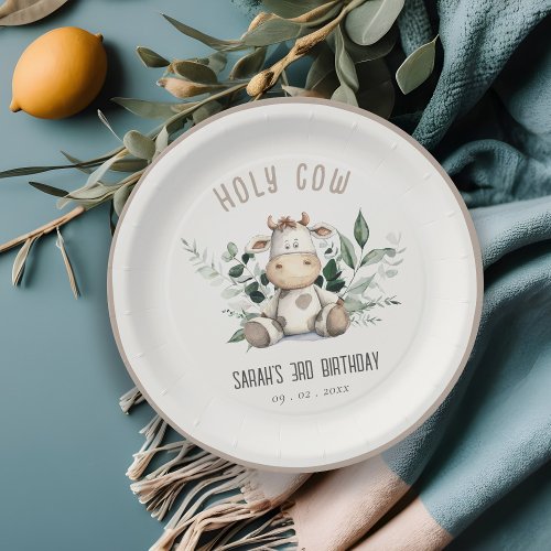 Cute Holy Cow Foliage Pastel Neutral Kids Birthday Paper Plates