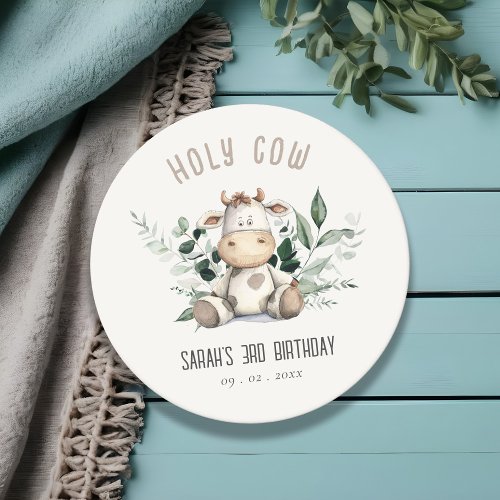 Cute Holy Cow Foliage Pastel Neutral Kids Birthday Round Paper Coaster