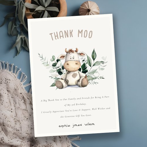 Cute Holy Cow Foliage Pastel Neutral Kids Birthday Thank You Card