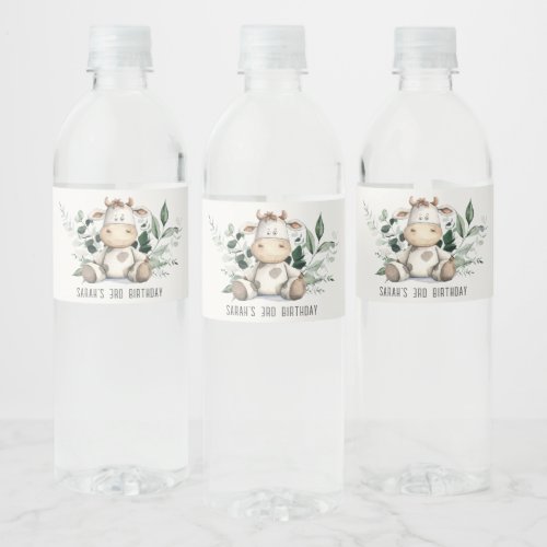 Cute Holy Cow Foliage Pastel Neutral Kids Birthday Water Bottle Label