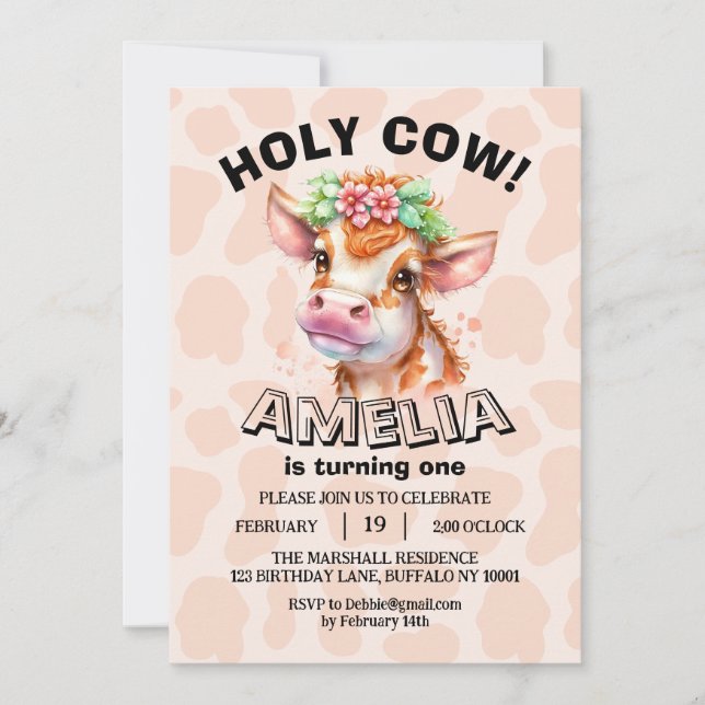 Cute Holy Cow I'm One Girl 1st Birthday Invitation (Front)