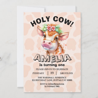 Cute Holy Cow I'm One Girl 1st Birthday Save The Date