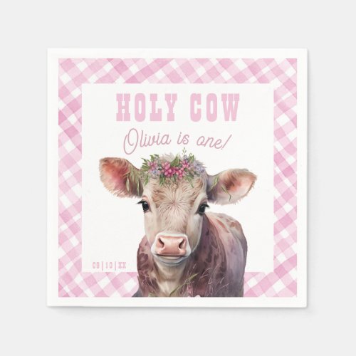 Cute Holy Cow Im One Pink Plaid Birthday Party Napkins