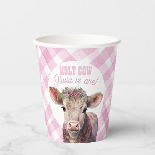 Cute Holy Cow Im One Pink Plaid Birthday Party Paper Cups