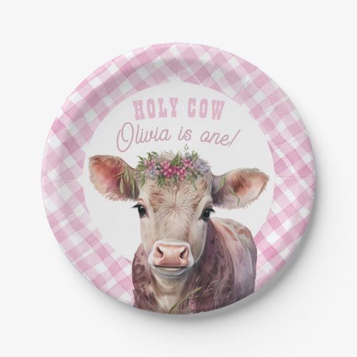 Cute Holy Cow Im One Pink Plaid Birthday Party Paper Plates