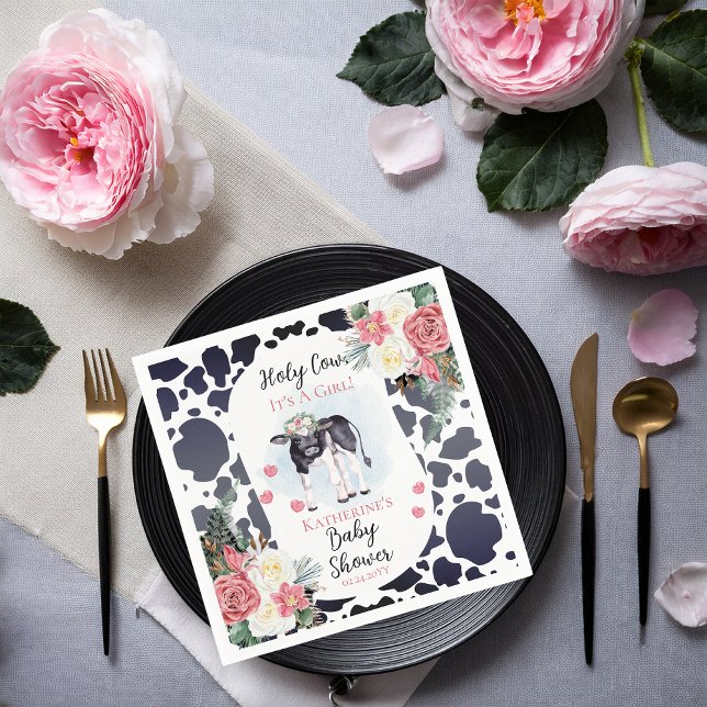 Cute Holy Cow, It's A Girl Baby Shower Napkins (Cute "Holy Cow, It's A Girl!" Black and White Cow Theme | Pink Floral Baby Shower Paper Napkins)