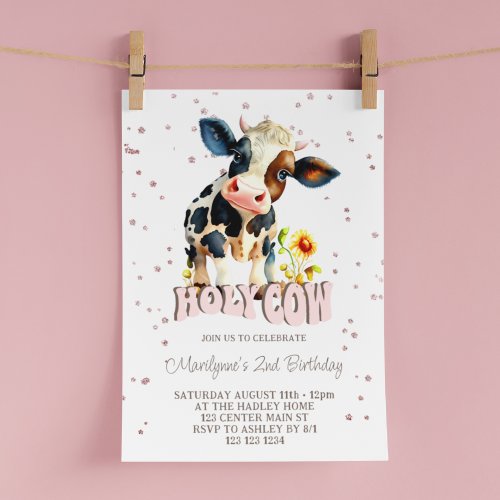 Cute Holy Cow Pink 2nd Birthday Invitation