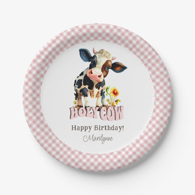 Cute Holy Cow Pink Birthday Paper Plates (Front)