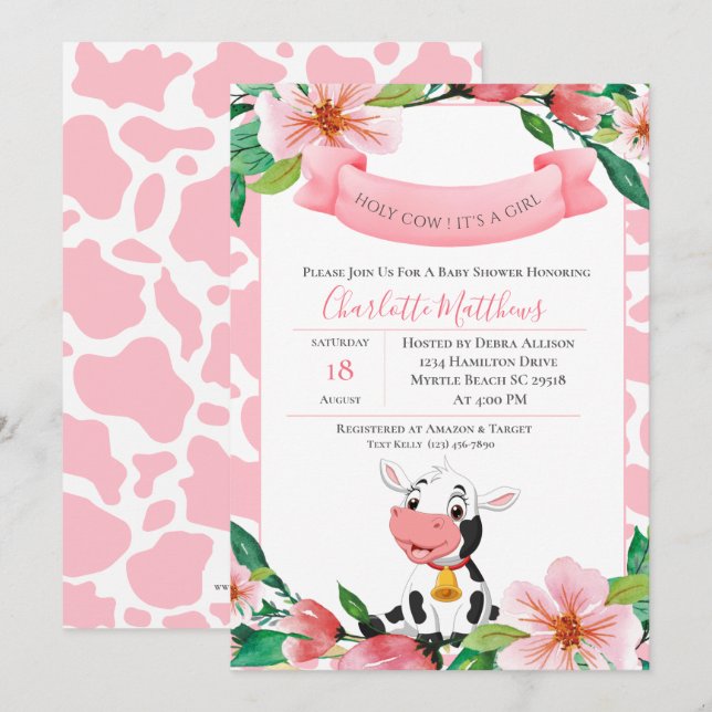 Cute Holy Cow Pink Floral  Baby Shower   Invitation (Front/Back)