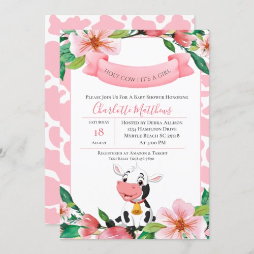 Cute Holy Cow Pink Floral  Baby Shower   Invitation