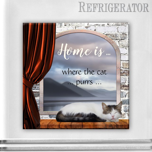 Cute Home is where the Cat purrs Painting Magnet (Cute magnet featuring a painting of a dreaming cat in the window sill. For a cozy home cat lover)