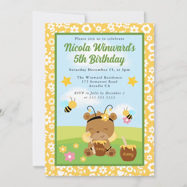 Cute Honey Bear and Bees Kids Birthday  Invitation (Front)