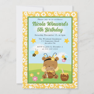 Cute Honey Bear and Bees Kids Birthday Invitation