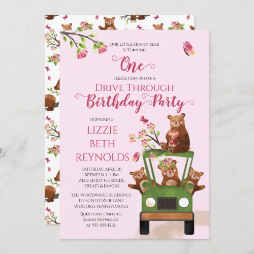 Cute Honey Bear Drive Through Girl Birthday Party  Invitation