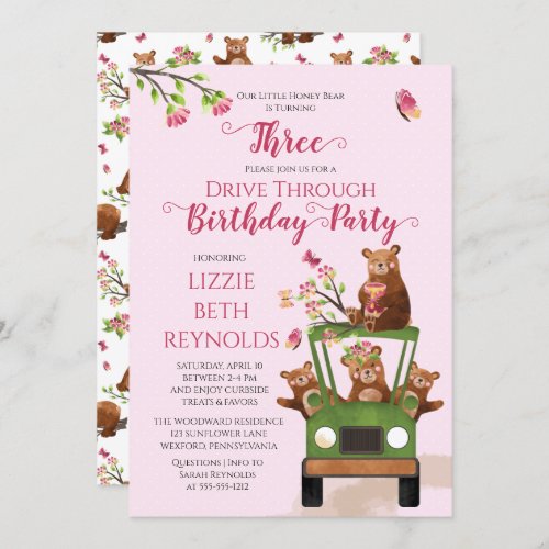 Cute Honey Bear Drive Thru Girl 3rd Birthday Party Invitation