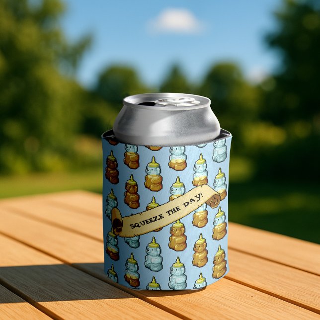 Cute Honey Bear Squeeze The Day! 80s Retro Artwork Can Cooler (Creator Uploaded)