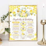 Cute Honey Bee 1st Birthday Stats Milestone Poster