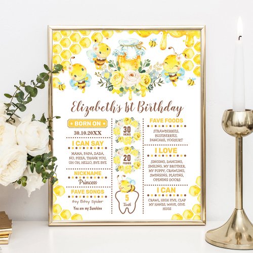 Cute Honey Bee 1st Birthday Stats Milestone Poster