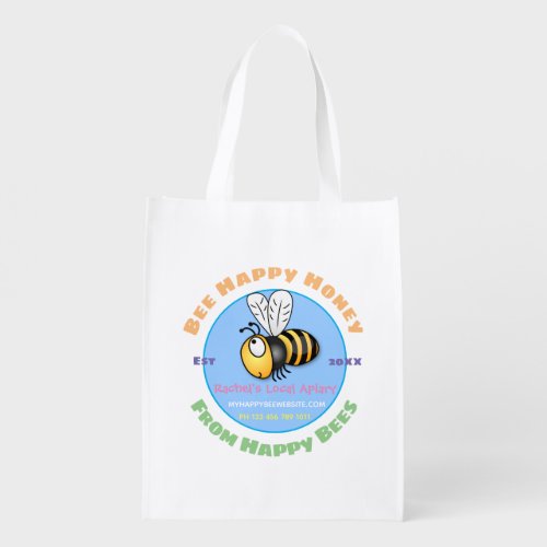 Cute honey bee apairy blue cartoon illustration grocery bag