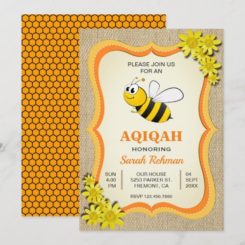 Cute Honey Bee Baby Girl Aqiqah Invitation