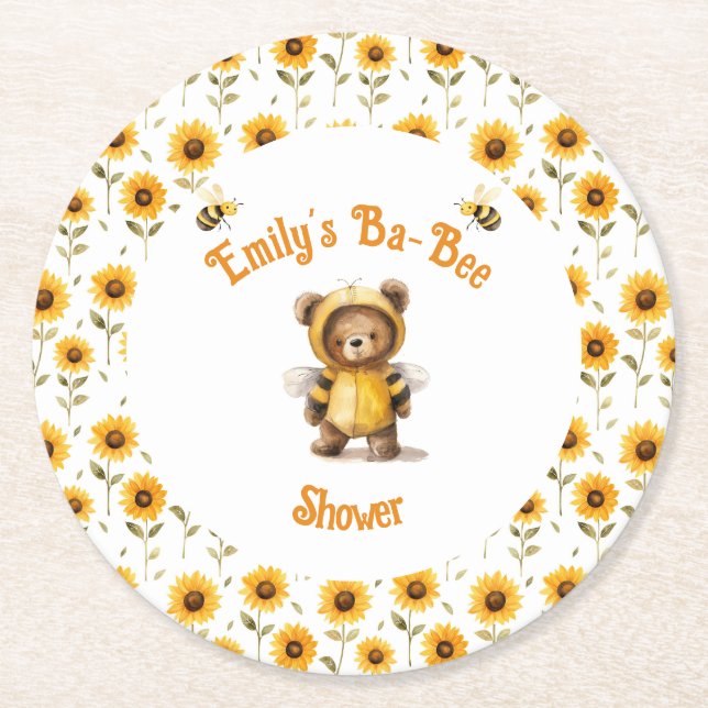 Cute Honey Bee Bear Ba-Bee Shower  Round Paper Coaster (Front)