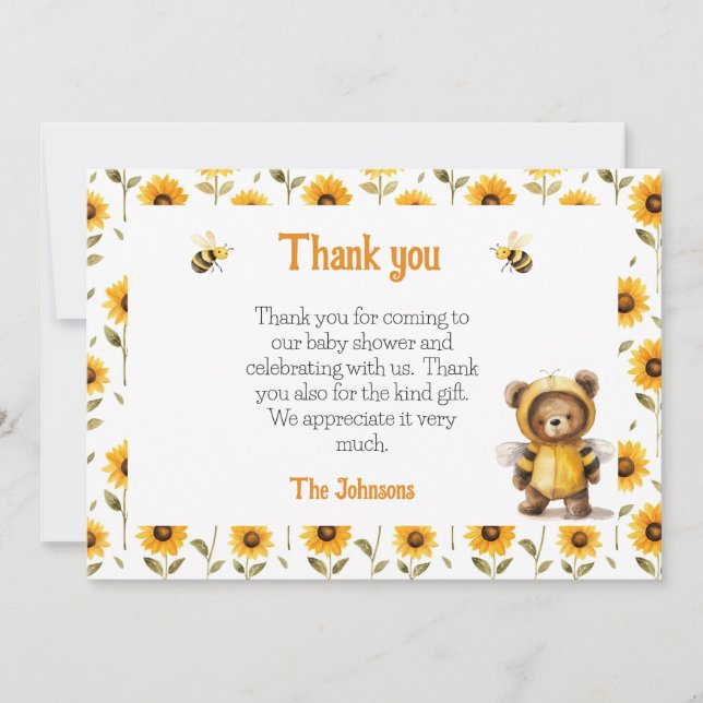 Cute Honey Bee Bear Ba-Bee Shower  Thank You Card (Front)