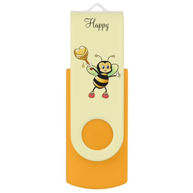 Cute Honey Bee & Calligraphy on Light Yellow Flash Drive (Front Vertical)