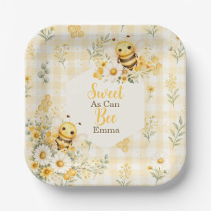 Cute Honey Bee Daisy Floral Yellow Gingham Paper Plates