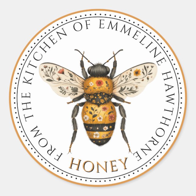 Cute Honey Bee Floral Honey Label (Front)