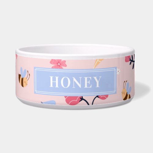 Cute Honey Bee Floral Pink Monogram Pet Name Bowl
