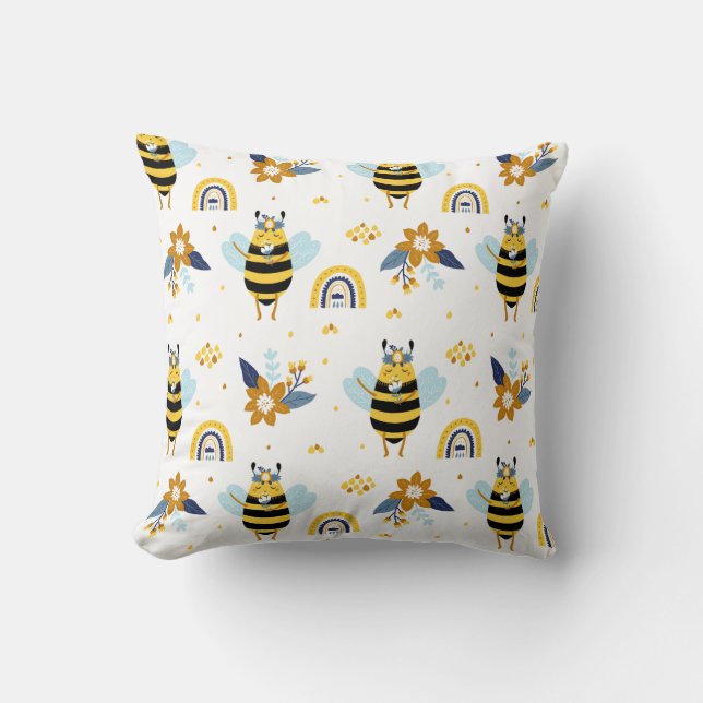 Cute Honey Bee Floral Rainbow Pattern Throw Pillow (Front)