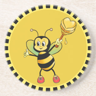 Cute Honey Bee & Heart on Black & Yellow Coaster