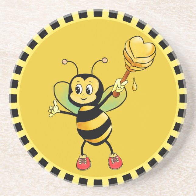 Cute Honey Bee & Heart on Black & Yellow Coaster (Front)
